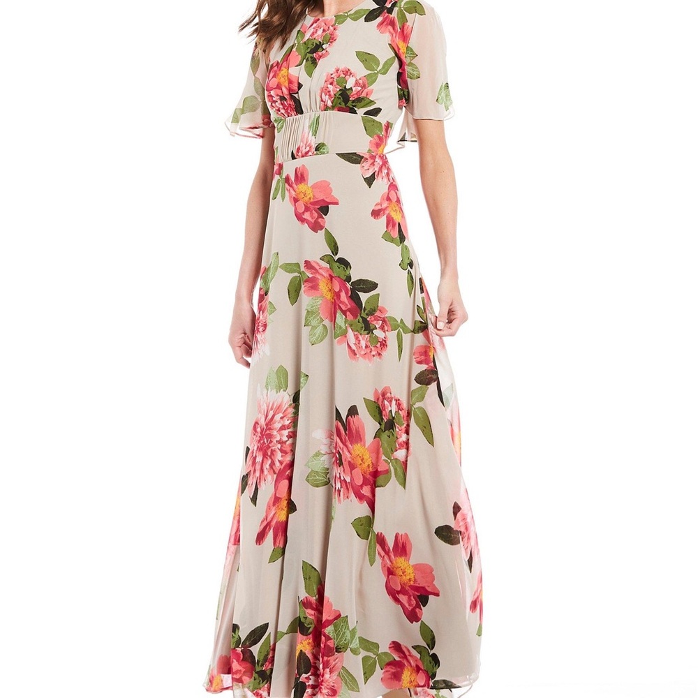 NWT Calvin Klein Capelet Short Sleeve Floral Maxi Dress - Tan and Pink